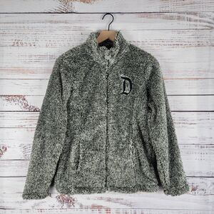 Disney Disneyland Fuzzy Fleece Jacket Womens Sz S Gray Embroidered Logo Full Zip